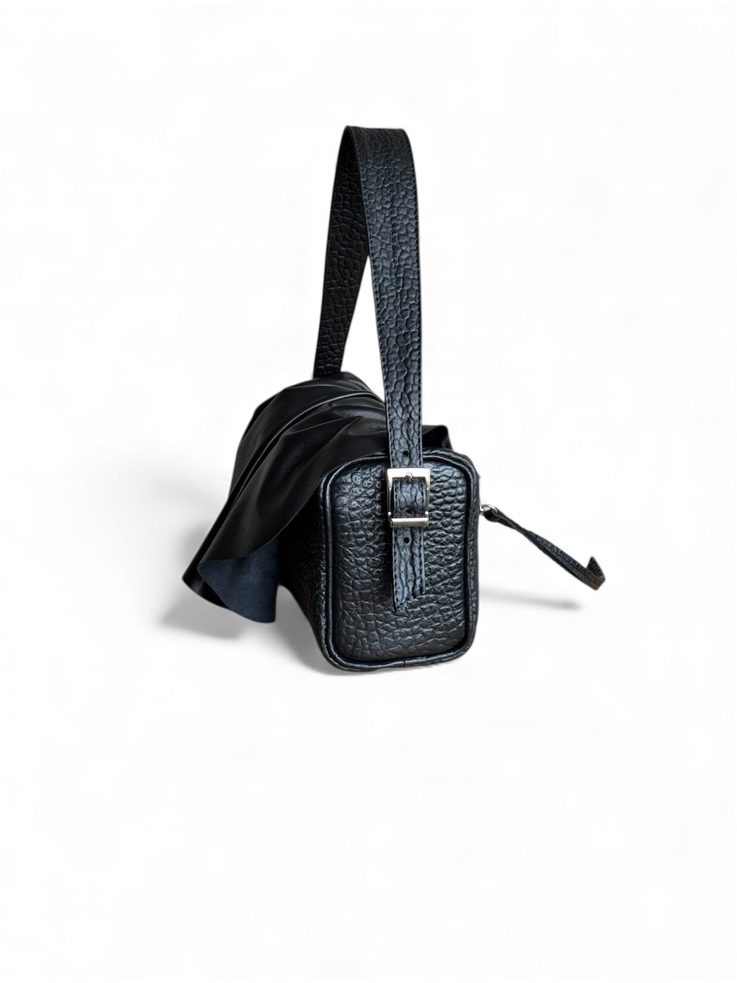 Draped Baguette Black Leather Bag