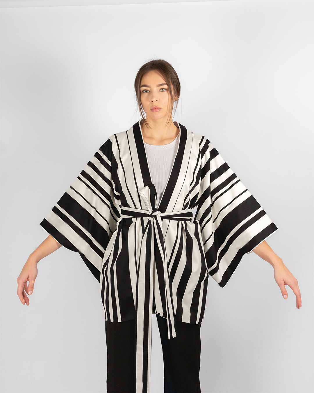 Unisex Striped Black And White Cotton Kimono