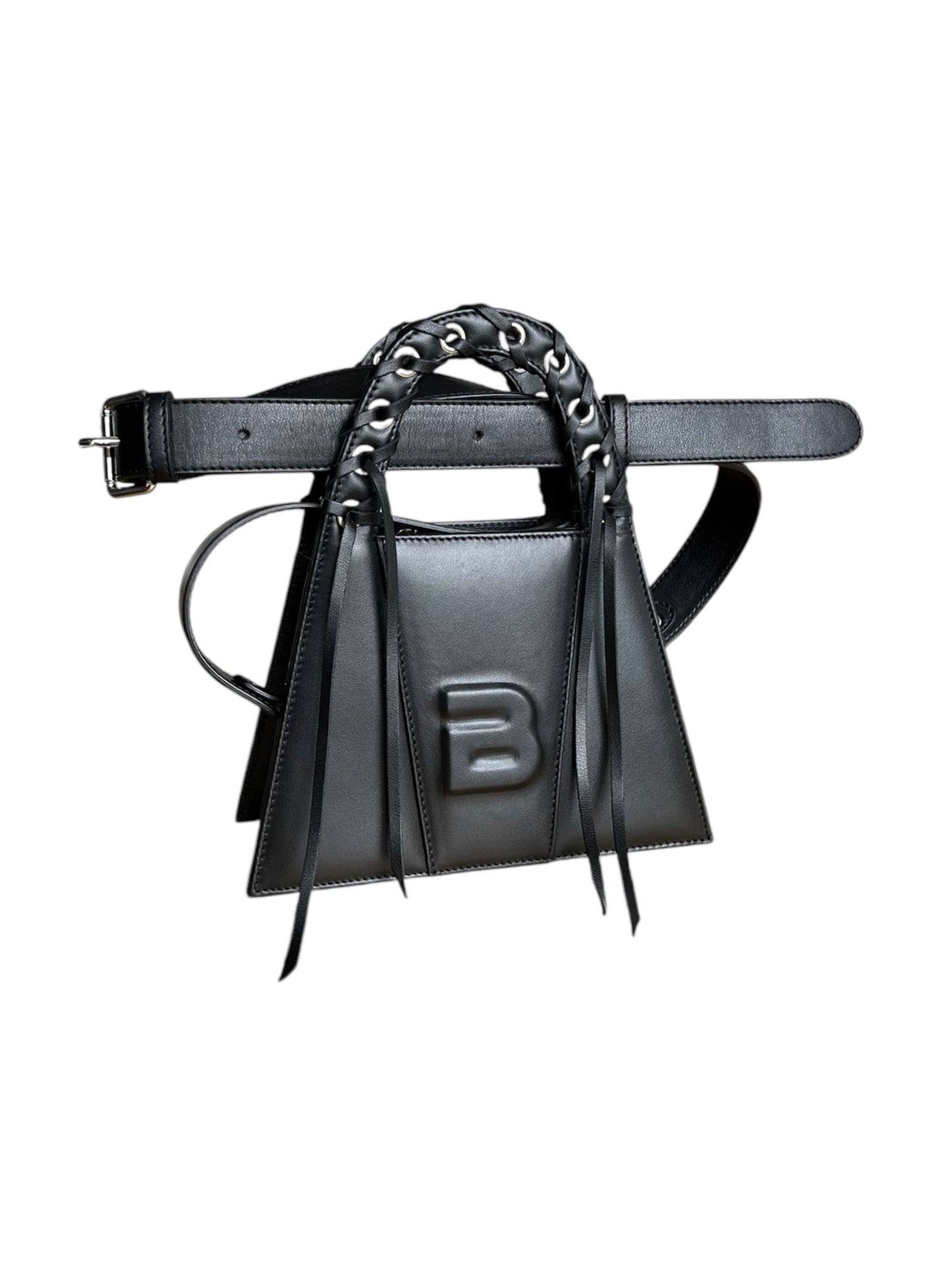 Black Leather Fringed Minnie Lock Bag