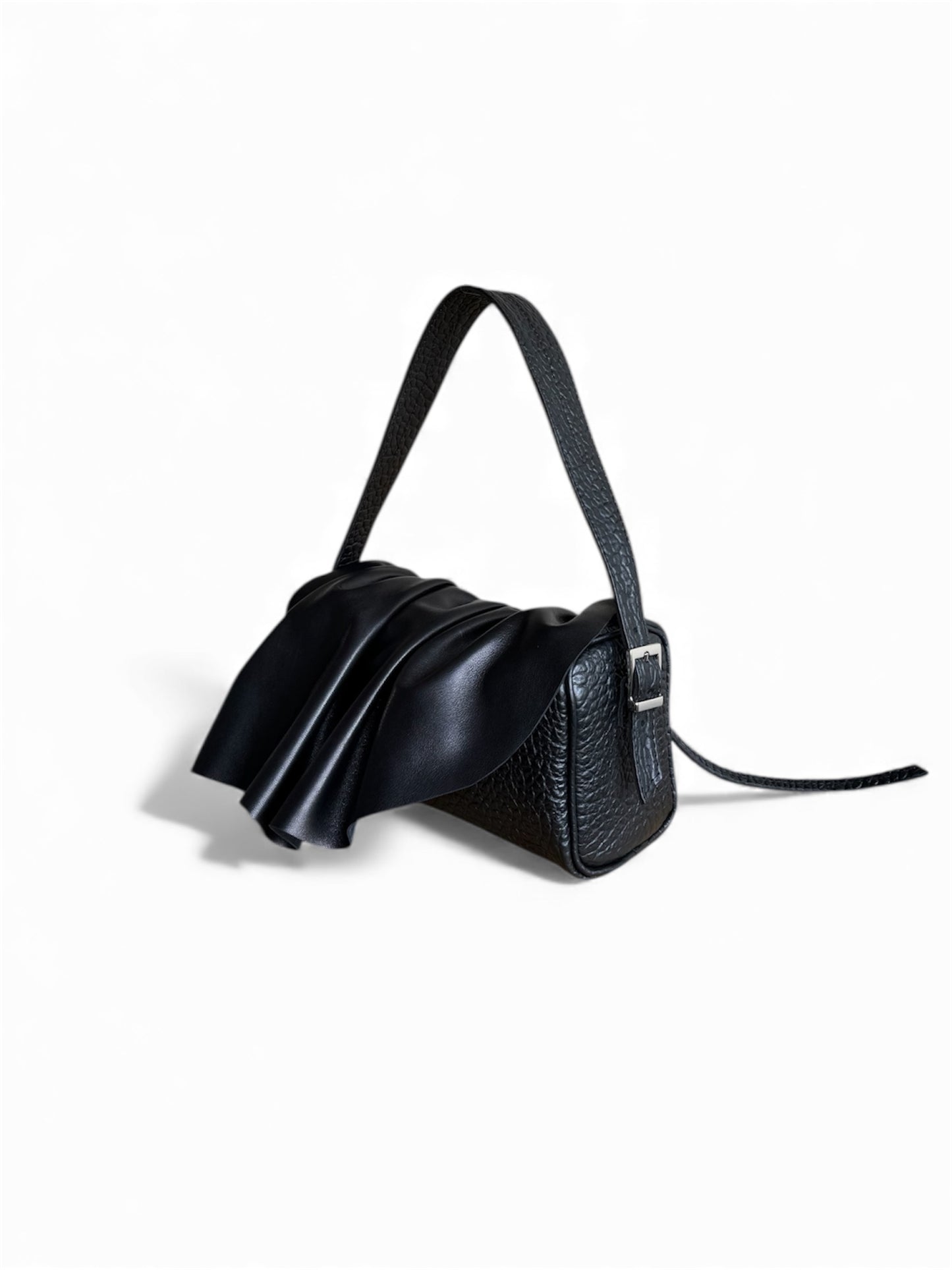 Draped Baguette Black Leather Bag
