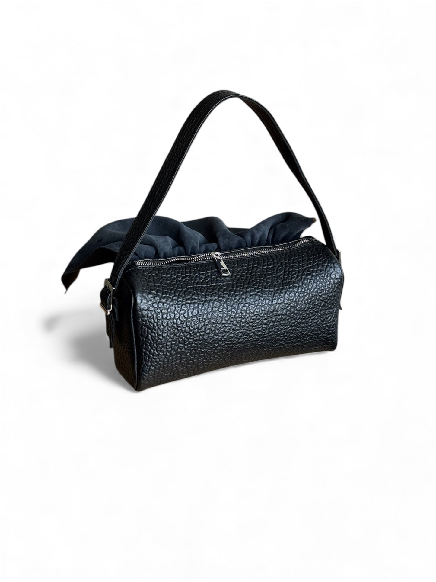 Draped Baguette Black Leather Bag