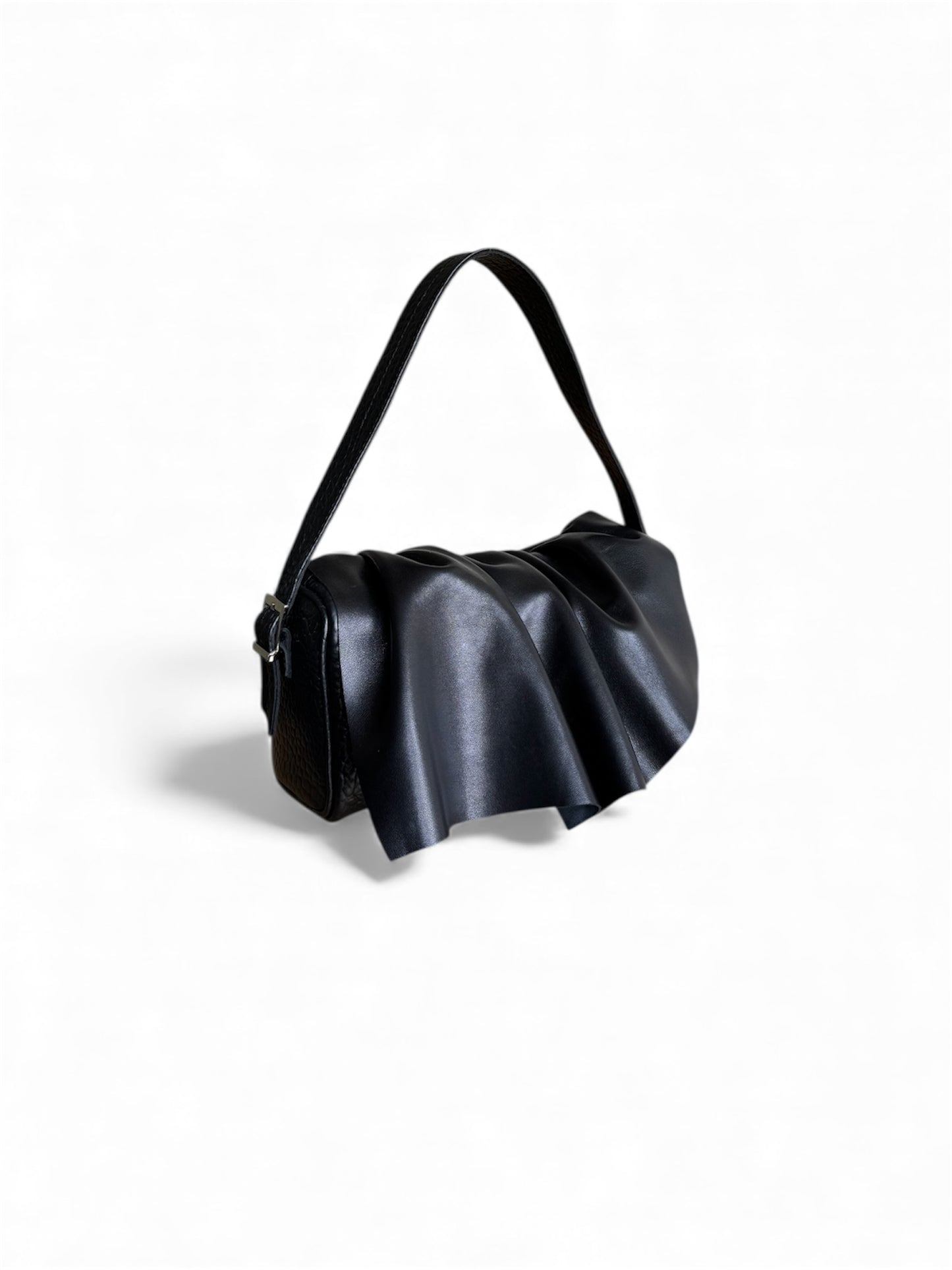 Draped Baguette Black Leather Bag