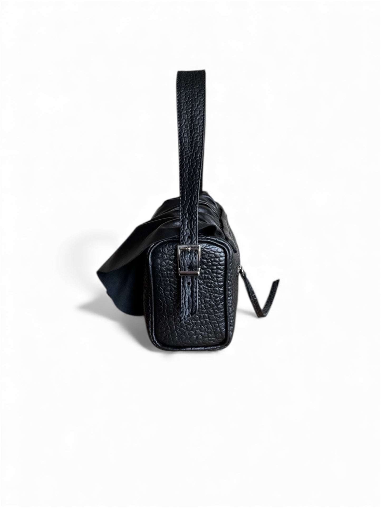 Draped Baguette Black Leather Bag