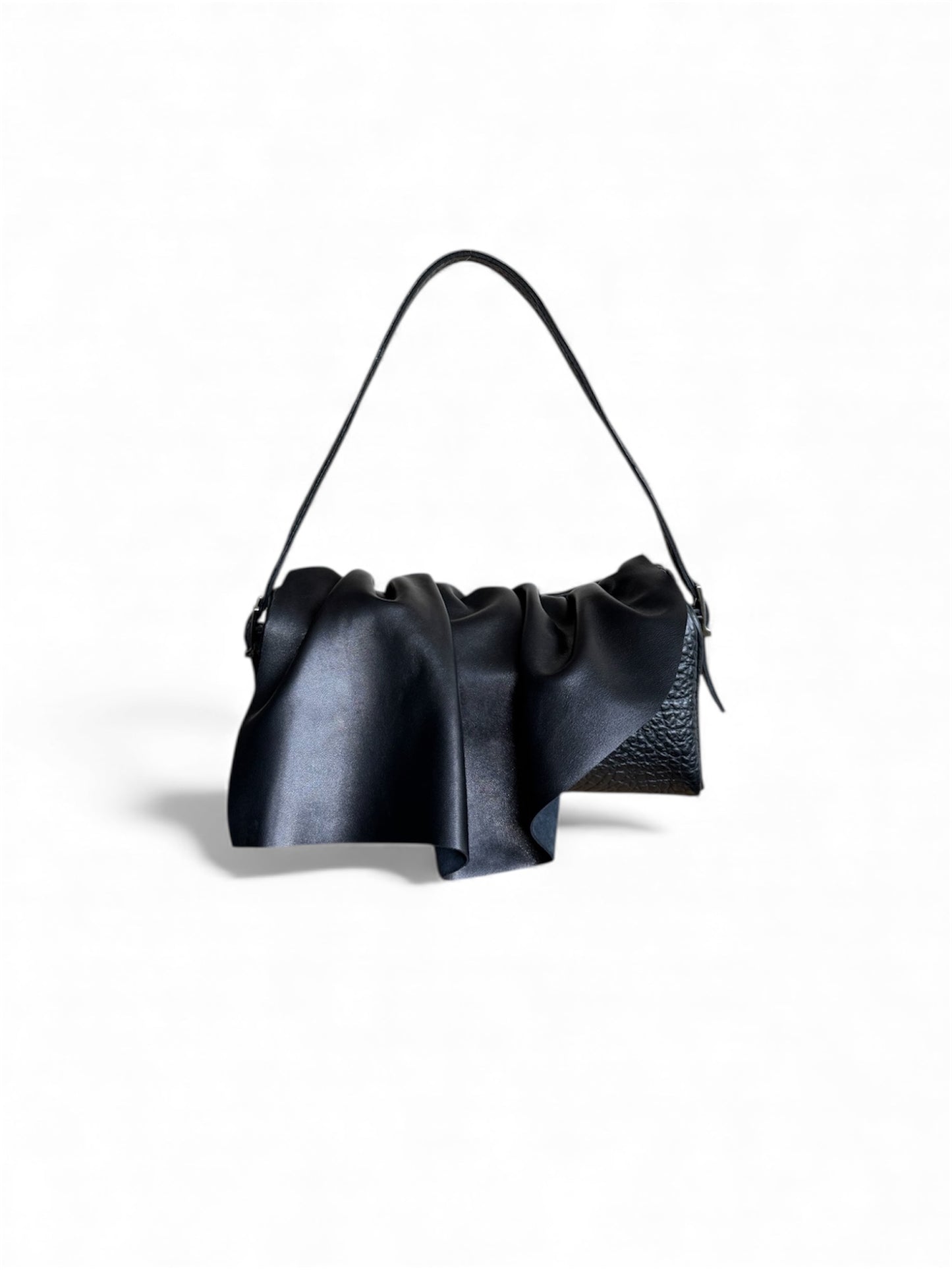 Draped Baguette Black Leather Bag