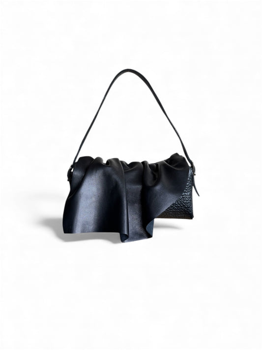 Draped Baguette Black Leather Bag