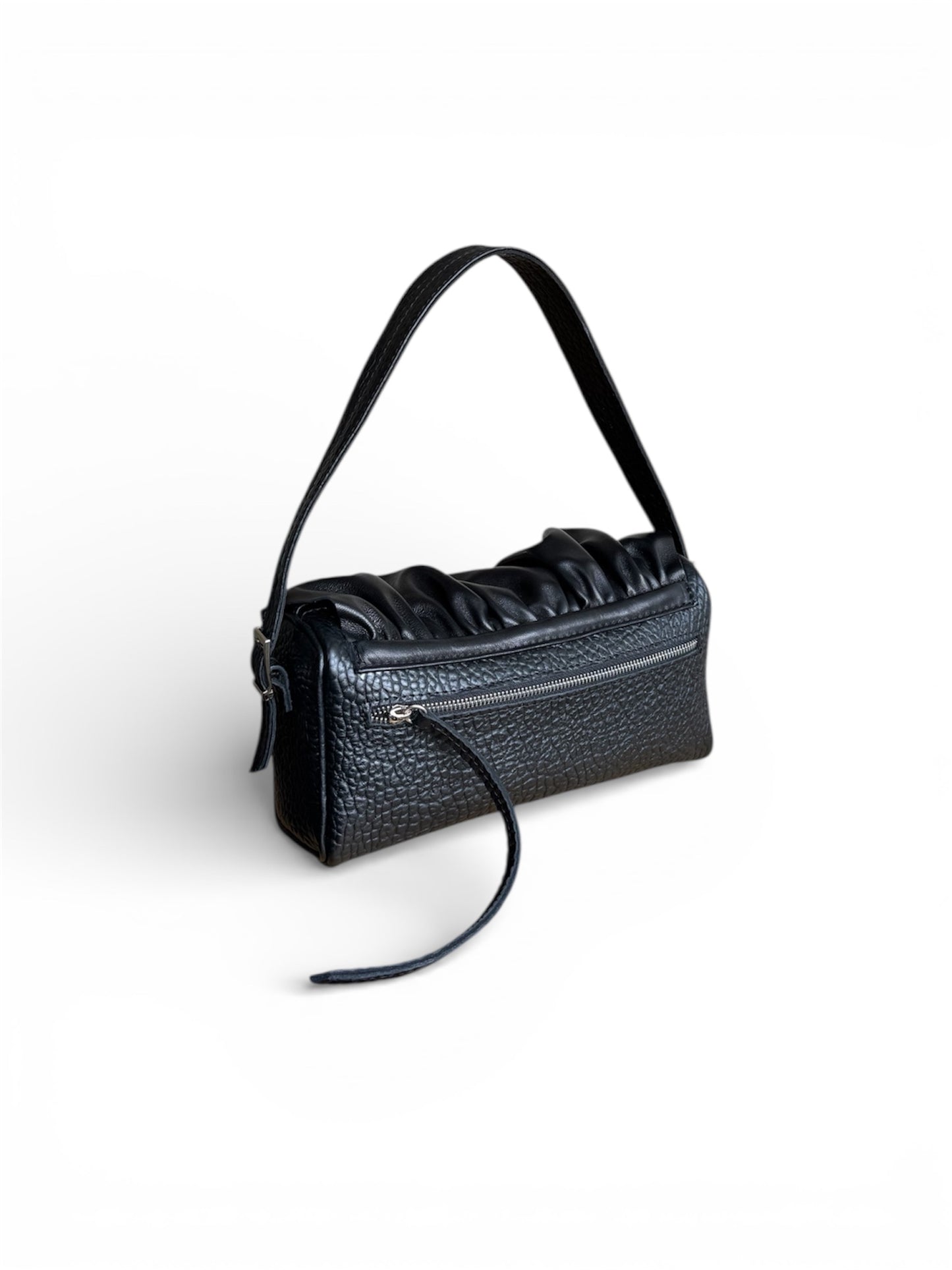 Draped Baguette Black Leather Bag