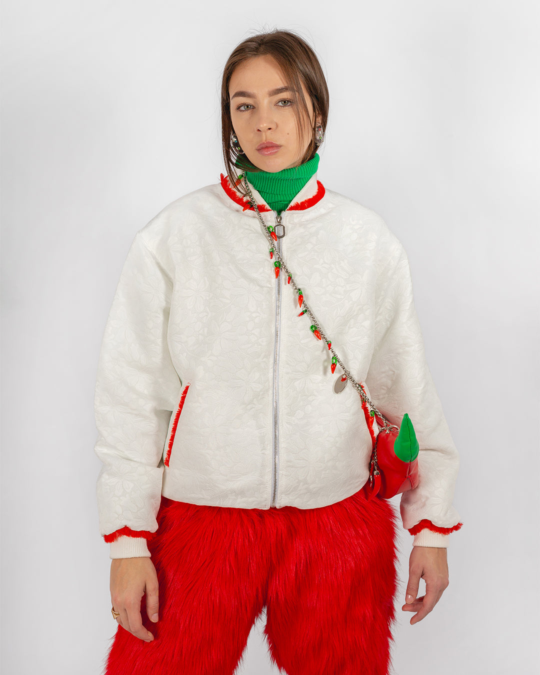 Unisex Floral White Bomber Jacket  With Red Fringes