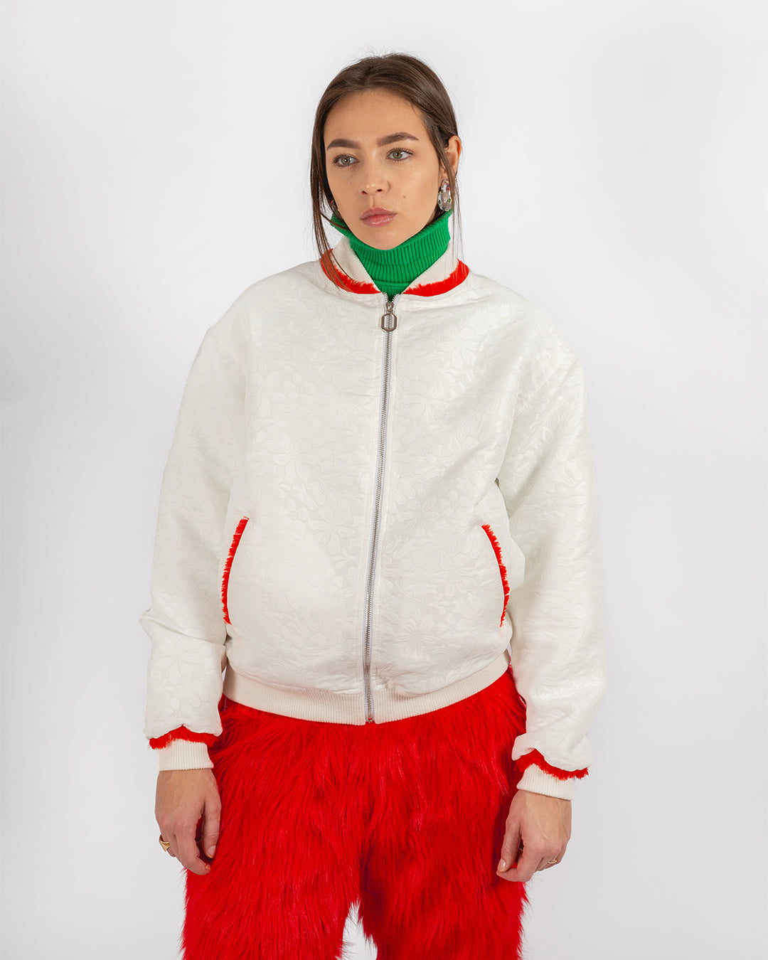 Unisex Floral White Bomber Jacket  With Red Fringes