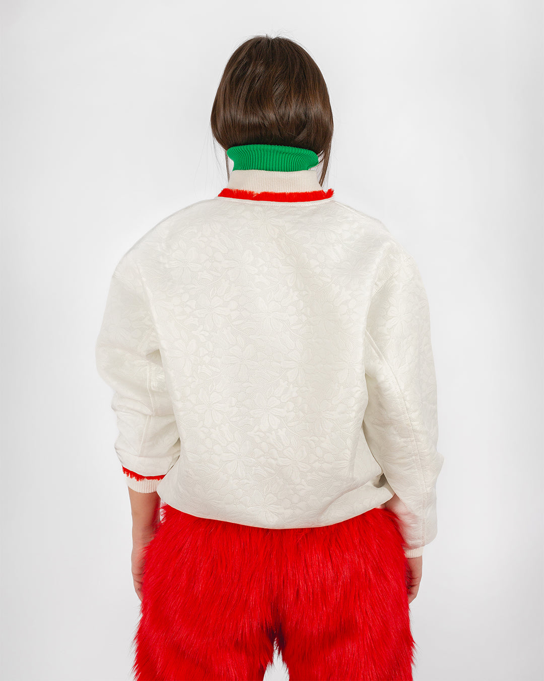 Unisex Floral White Bomber Jacket  With Red Fringes