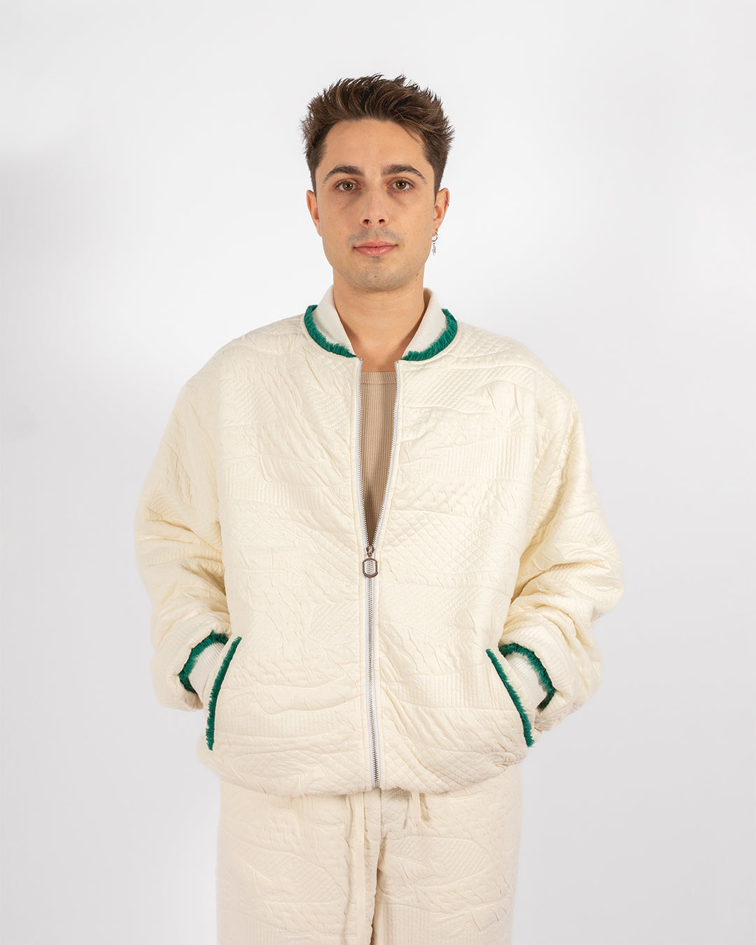 Unisex Beige Cotton Bomber Jacket With Green Fringes