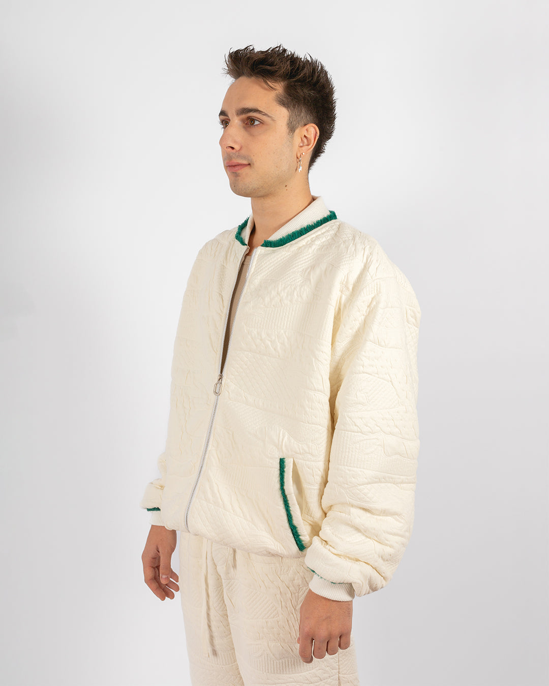 Unisex Beige Cotton Bomber Jacket With Green Fringes