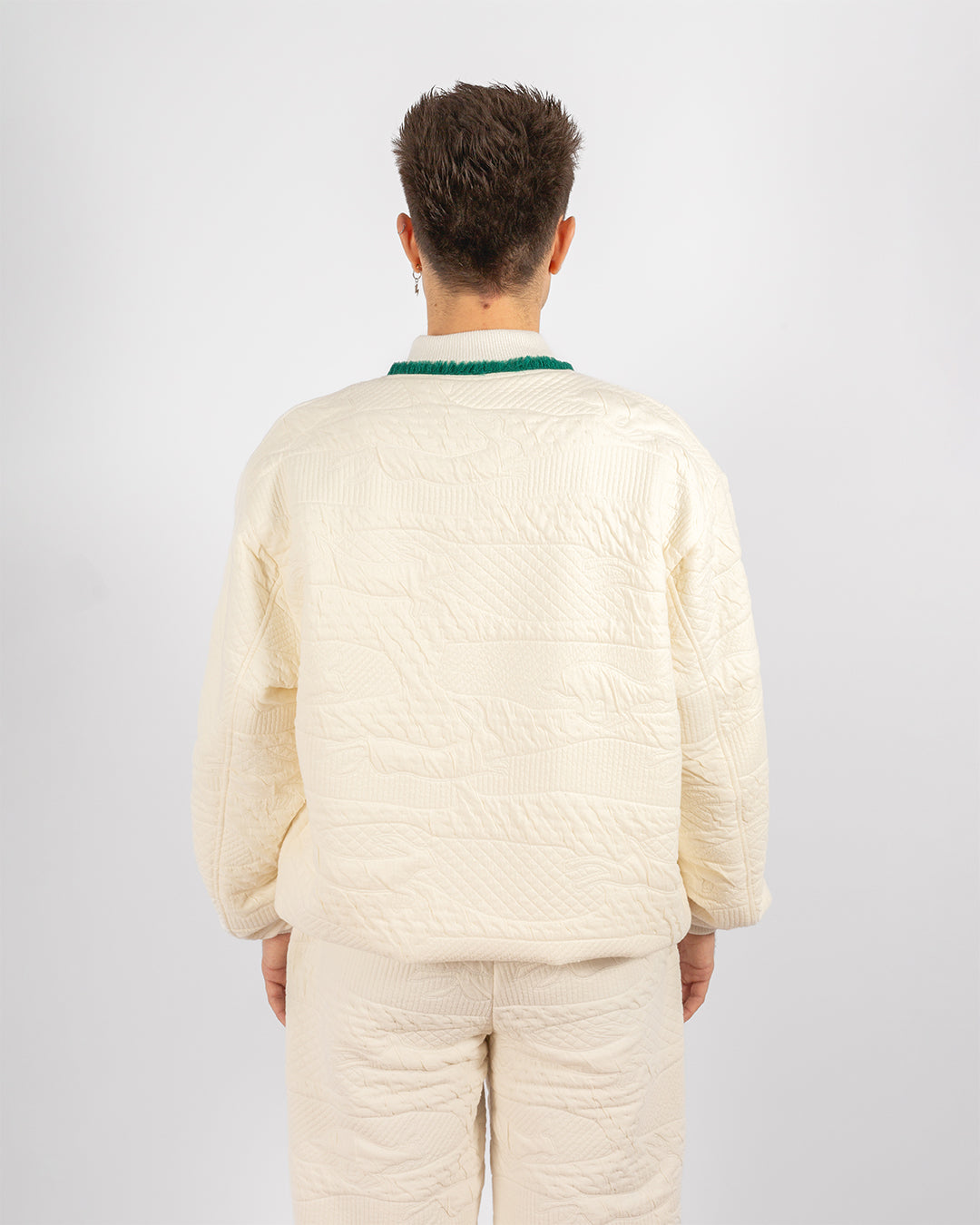 Unisex Beige Cotton Bomber Jacket With Green Fringes