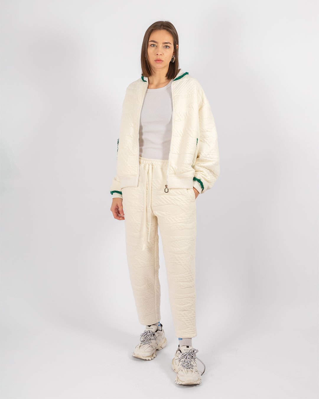 Unisex Beige Cotton Bomber Jacket With Green Fringes