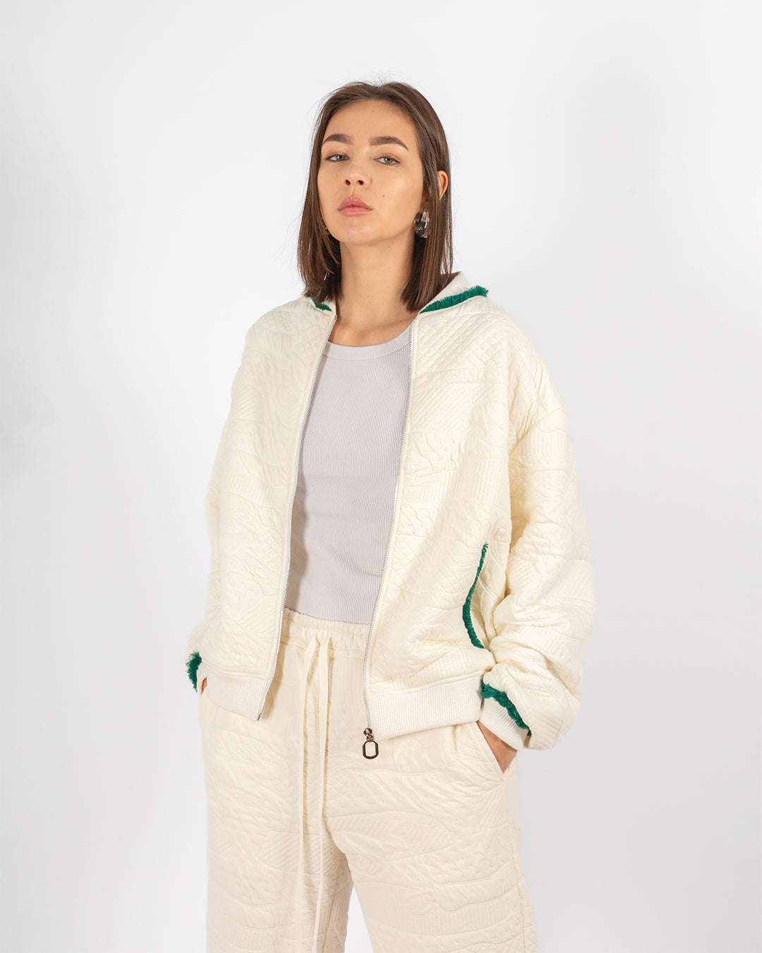 Unisex Beige Cotton Bomber Jacket With Green Fringes