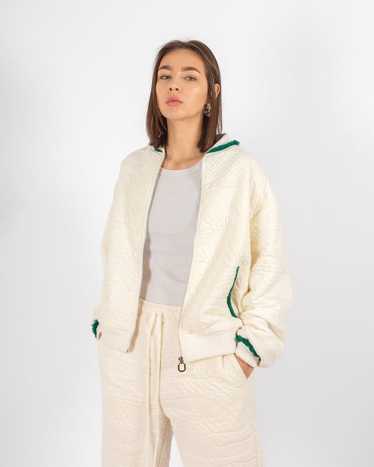 Unisex Beige Cotton Bomber Jacket With Green Fringes