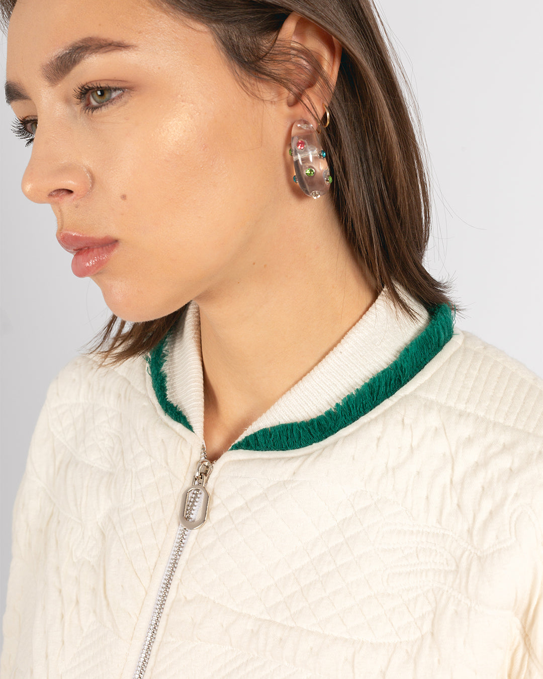 Unisex Beige Cotton Bomber Jacket With Green Fringes