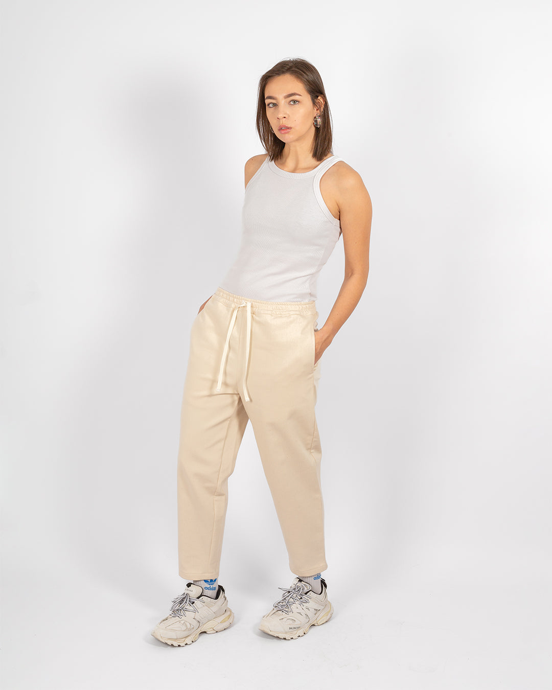 Unisex Balloon Beige Cotton Pants