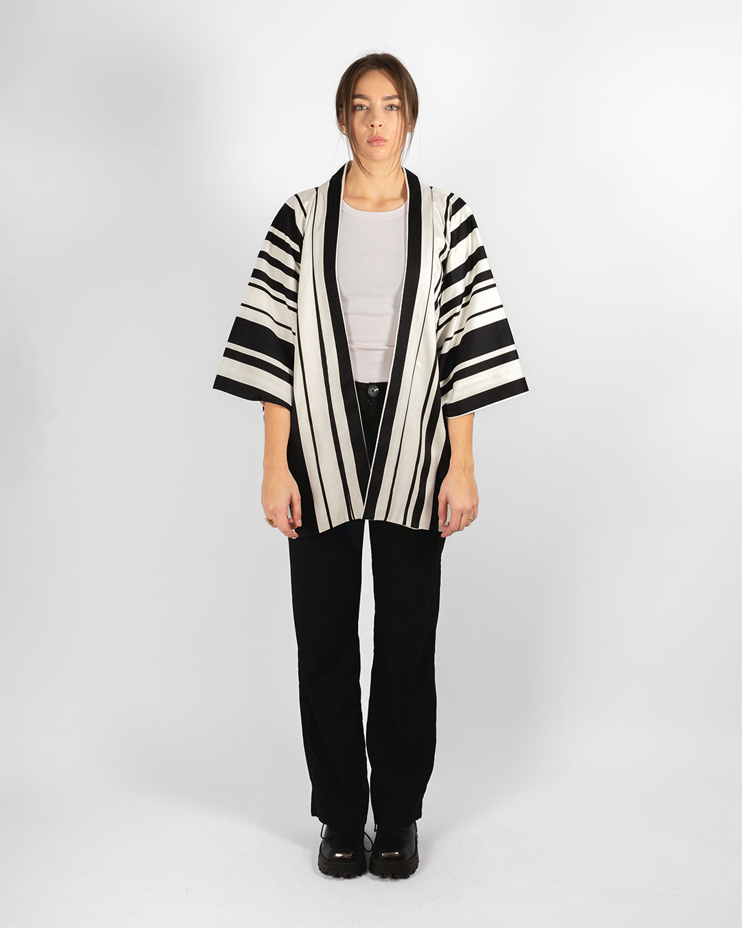 Unisex Striped Black And White Cotton Kimono