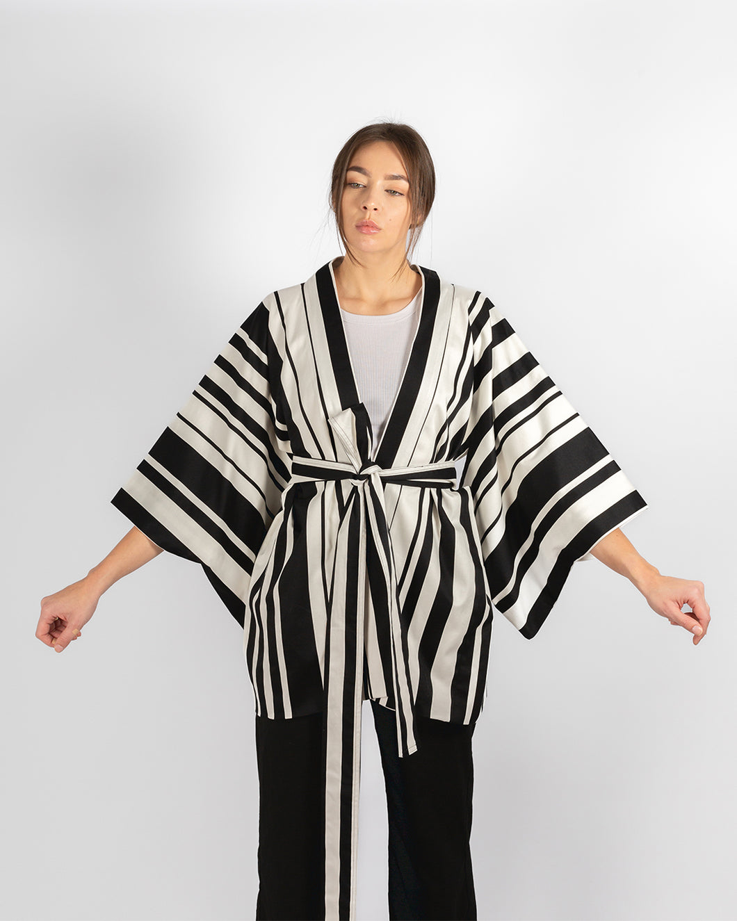 Unisex Striped Black And White Cotton Kimono