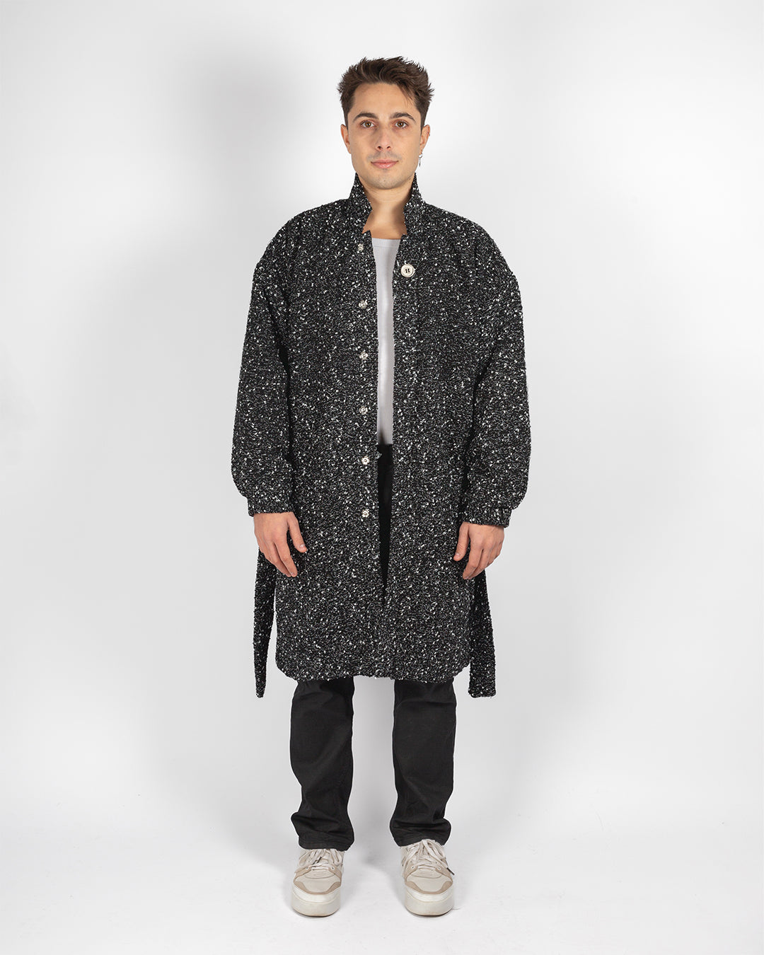 Unisex Black And White Boucle Coat