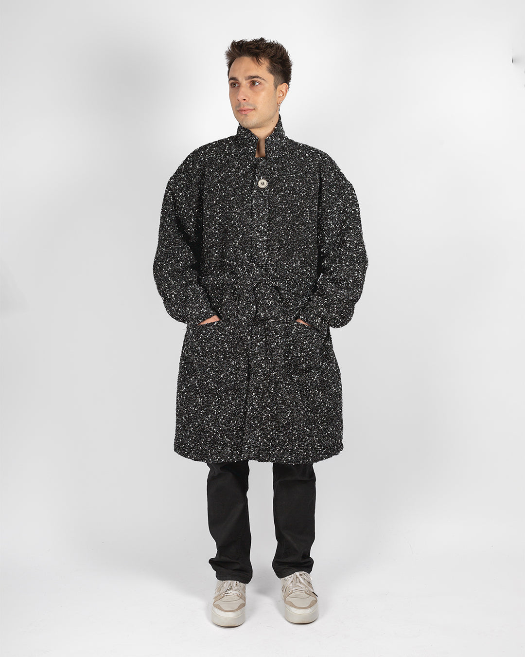 Unisex Black And White Boucle Coat