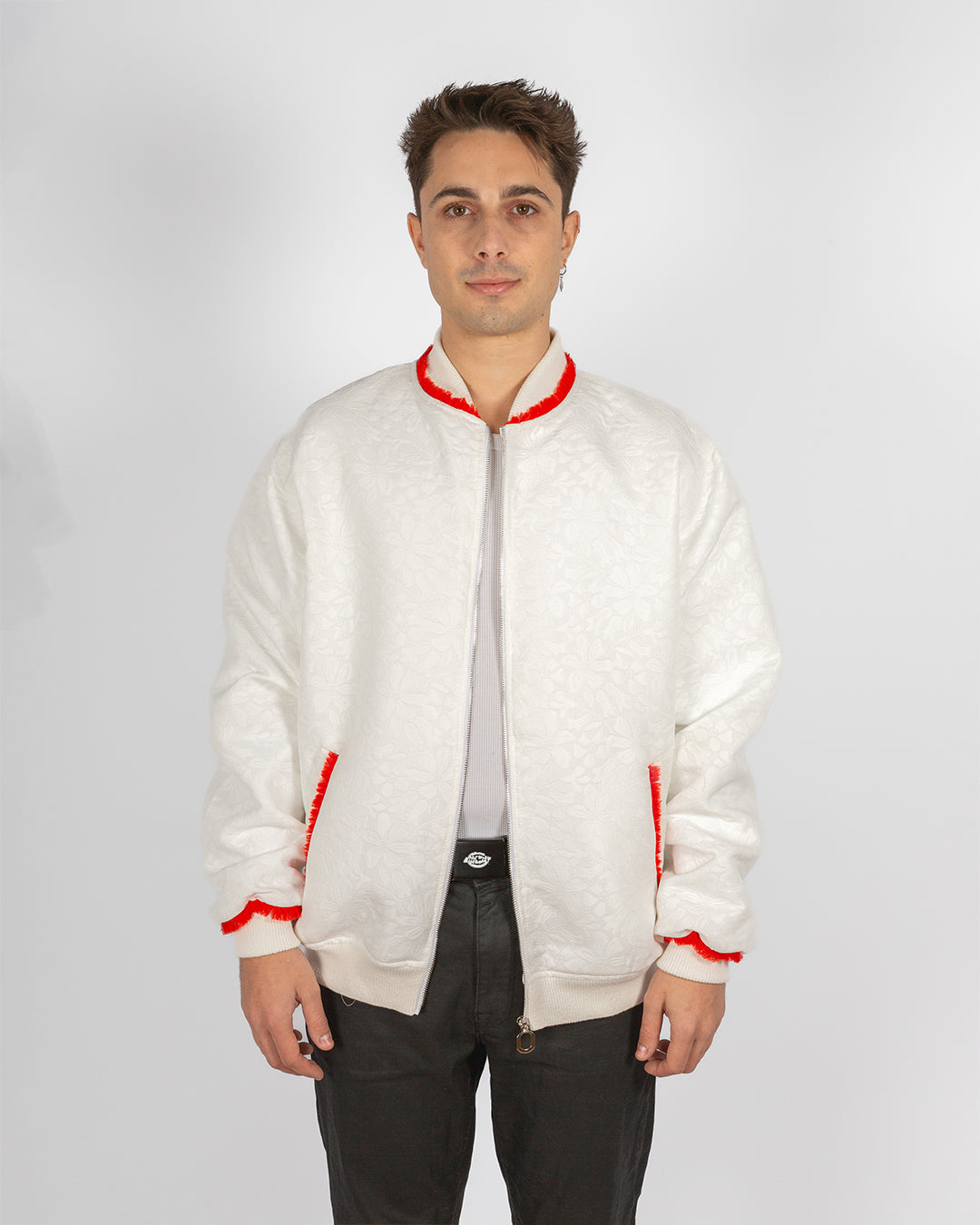 Unisex Floral White Bomber Jacket  With Red Fringes