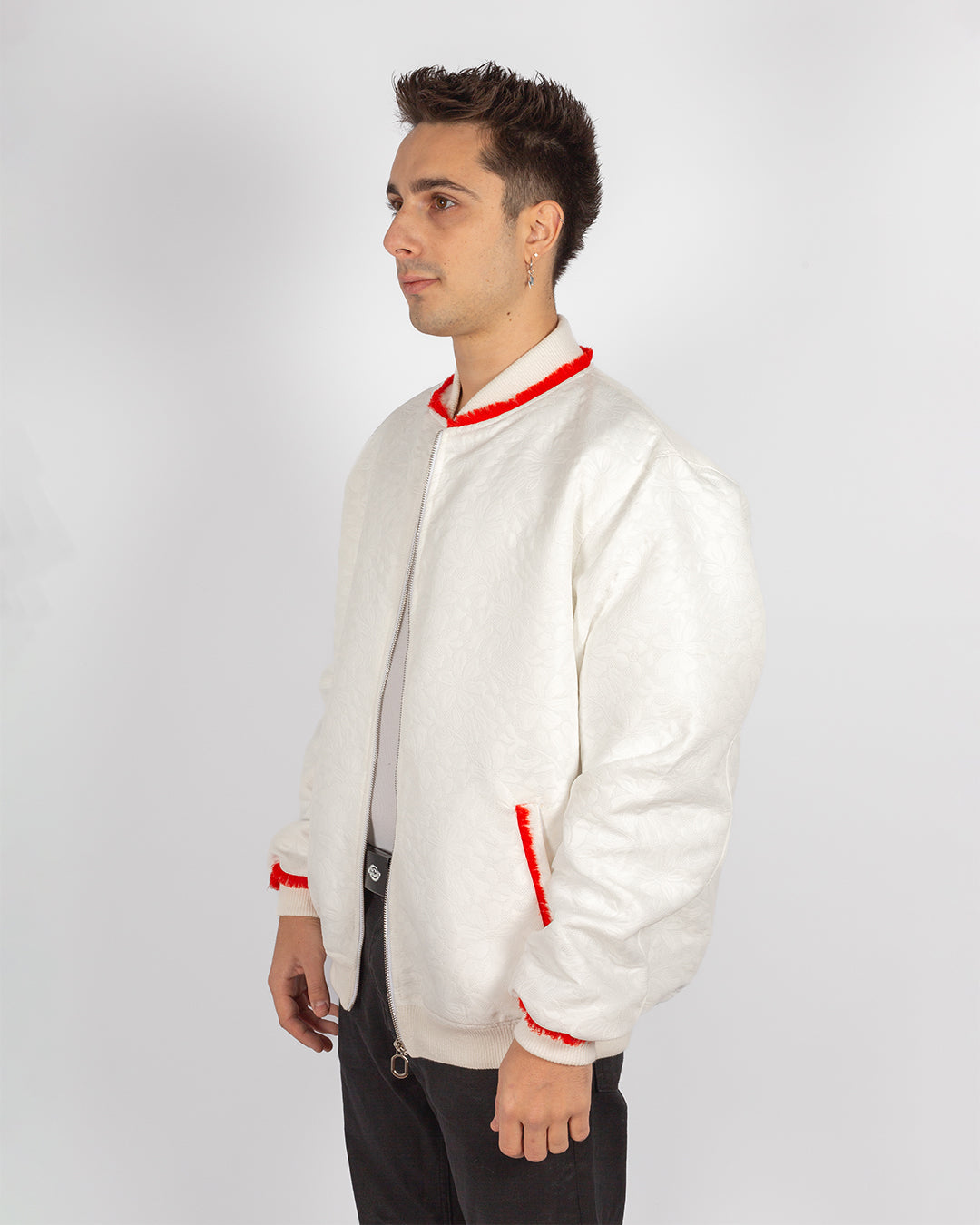 Unisex Floral White Bomber Jacket  With Red Fringes