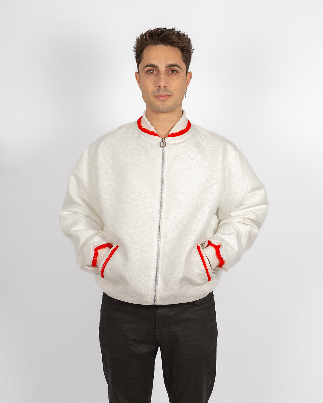 Unisex Floral White Bomber Jacket  With Red Fringes