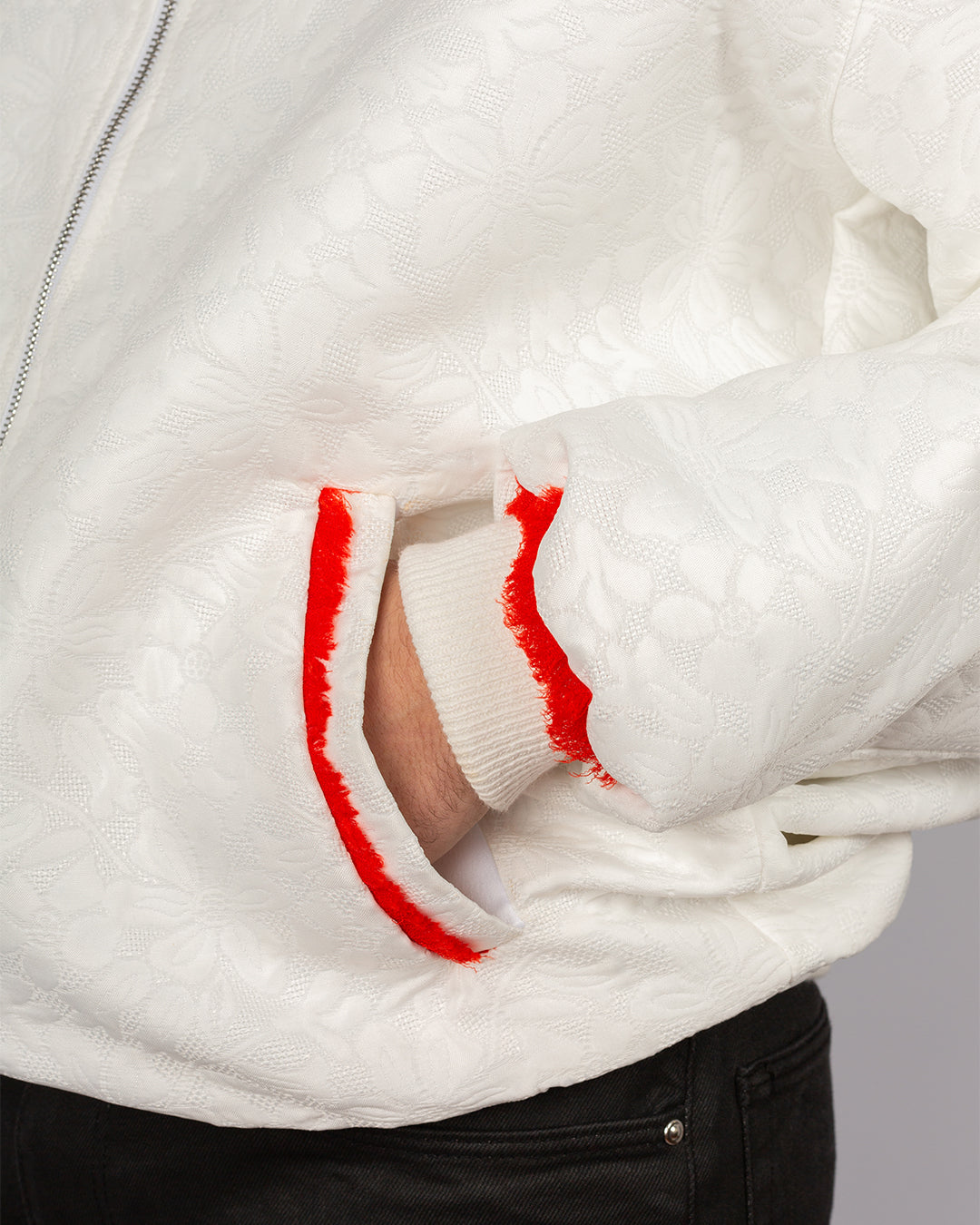 Unisex Floral White Bomber Jacket  With Red Fringes