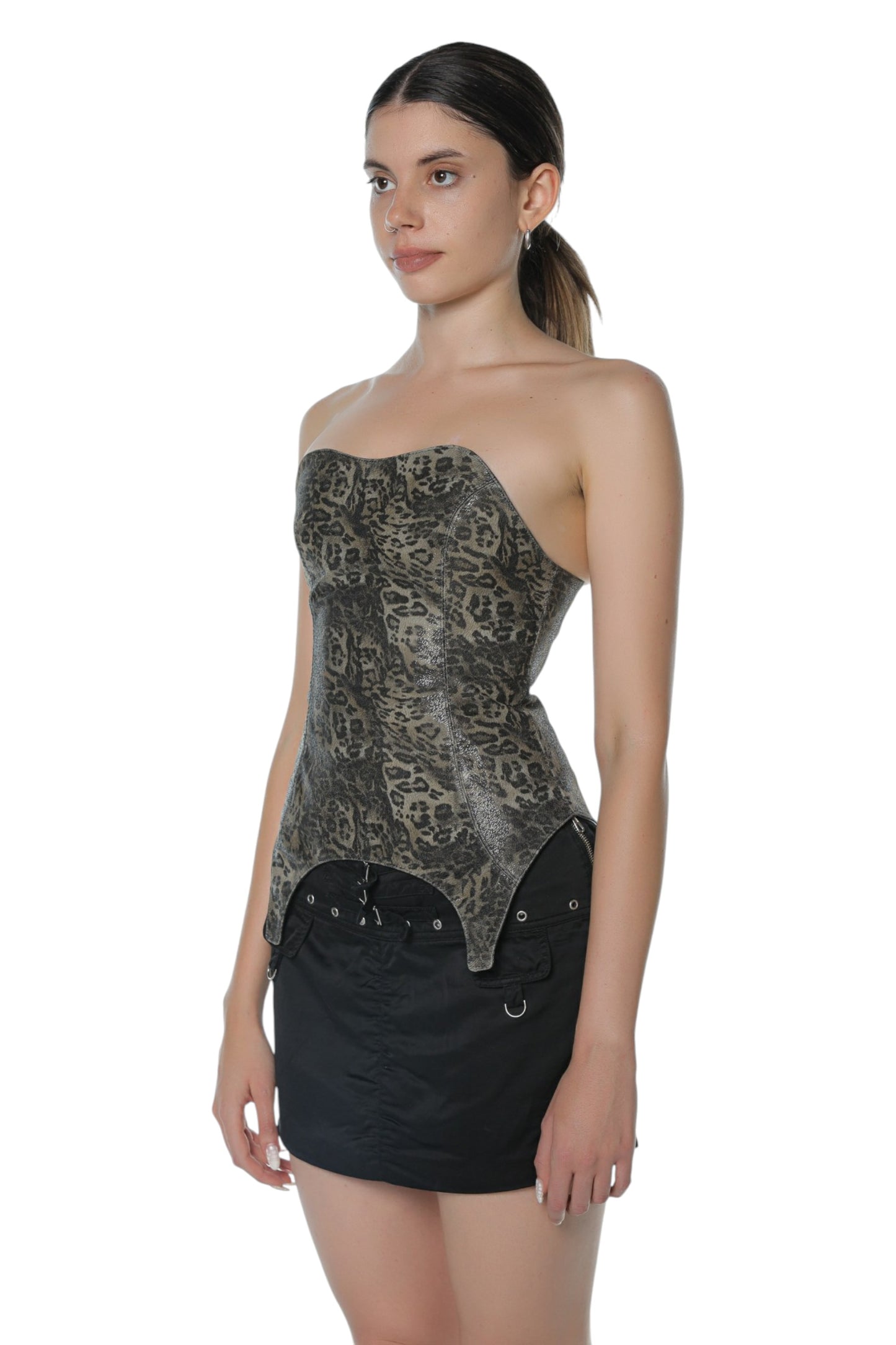 Barning Double Faced Leopard&Black Lambskin Leather Corset