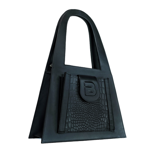 Black genuine leather LOCK hand and shoulder bag