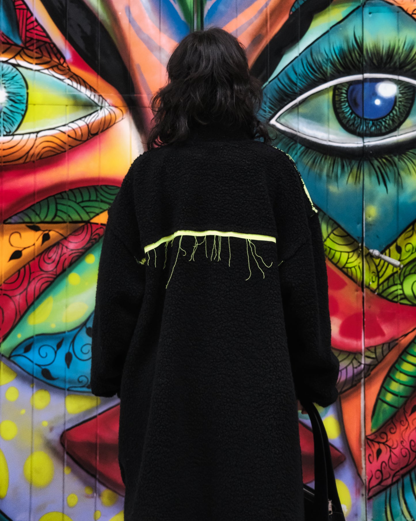 Black and neon fluffy coat