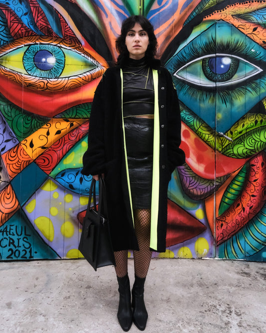Black and neon fluffy coat