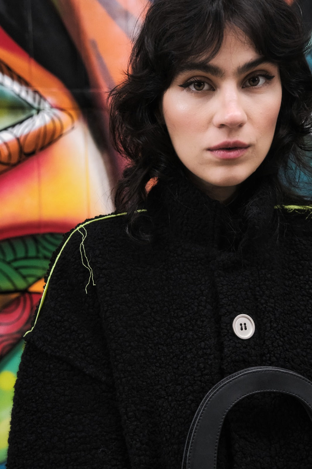 Black and neon fluffy coat