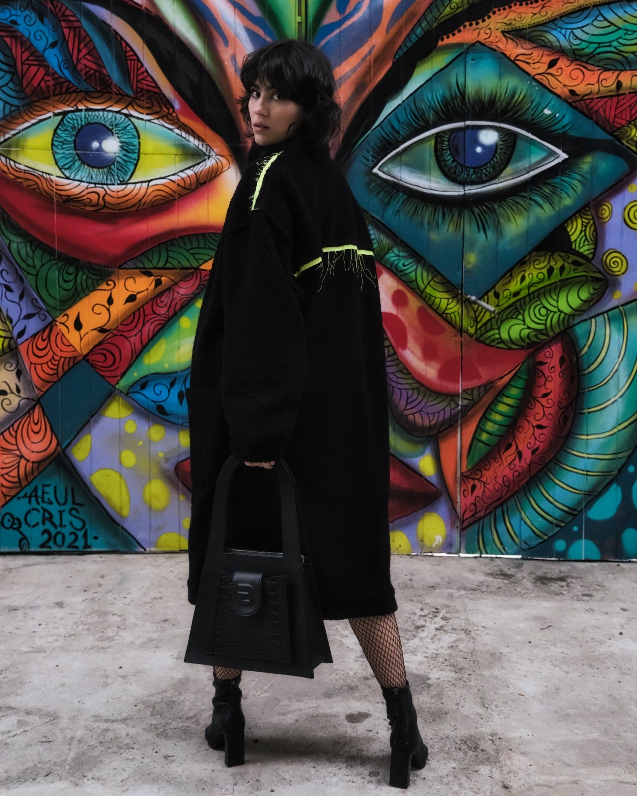 Black and neon fluffy coat