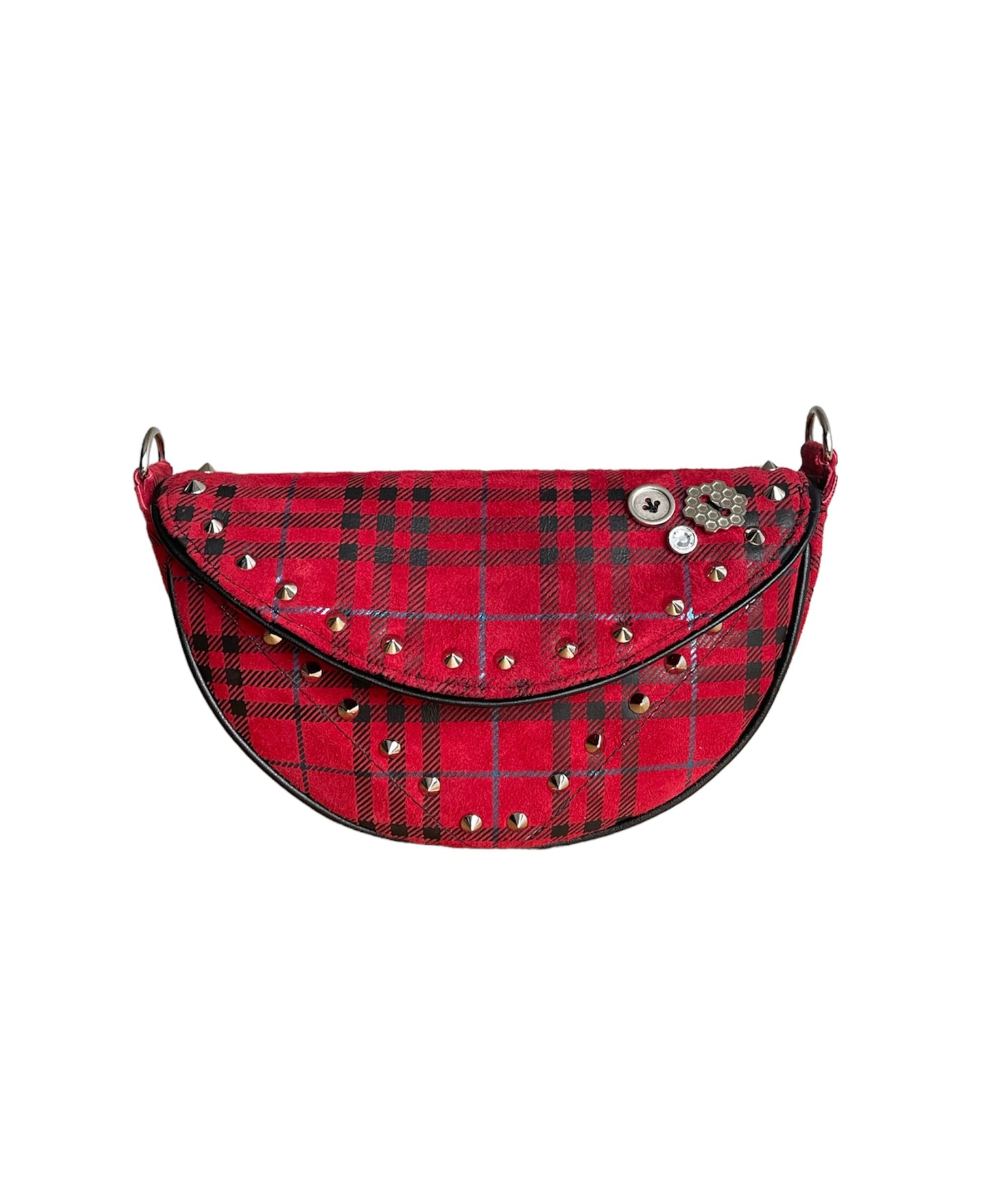 Red Plaid Leather Moon Bag- Limited Edition