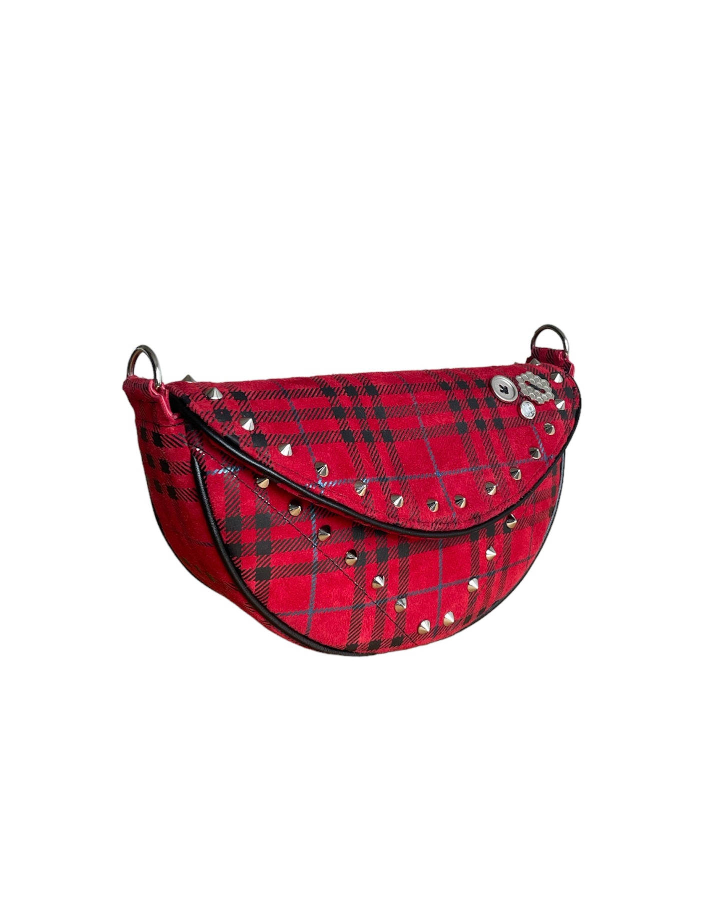 Red Plaid Leather Moon Bag- Limited Edition