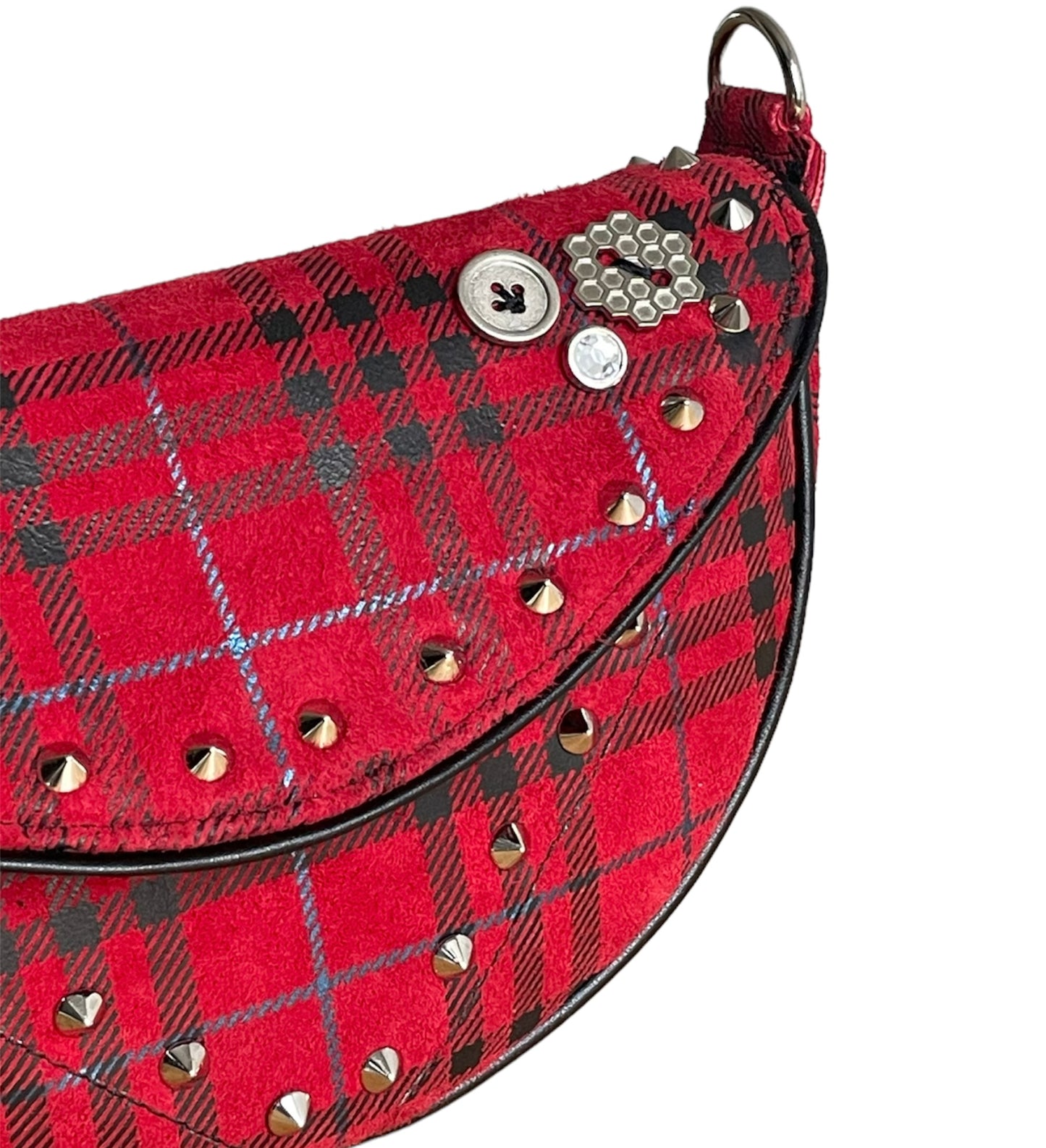 Red Plaid Leather Moon Bag- Limited Edition