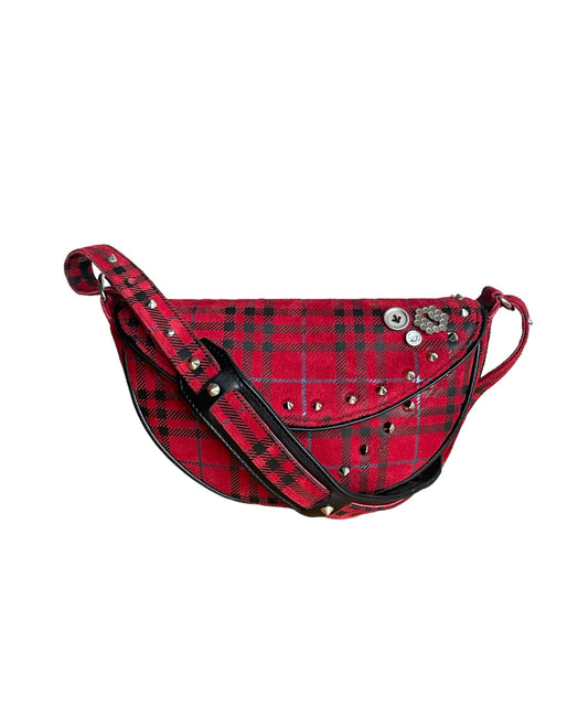 Red Plaid Leather Moon Bag- Limited Edition